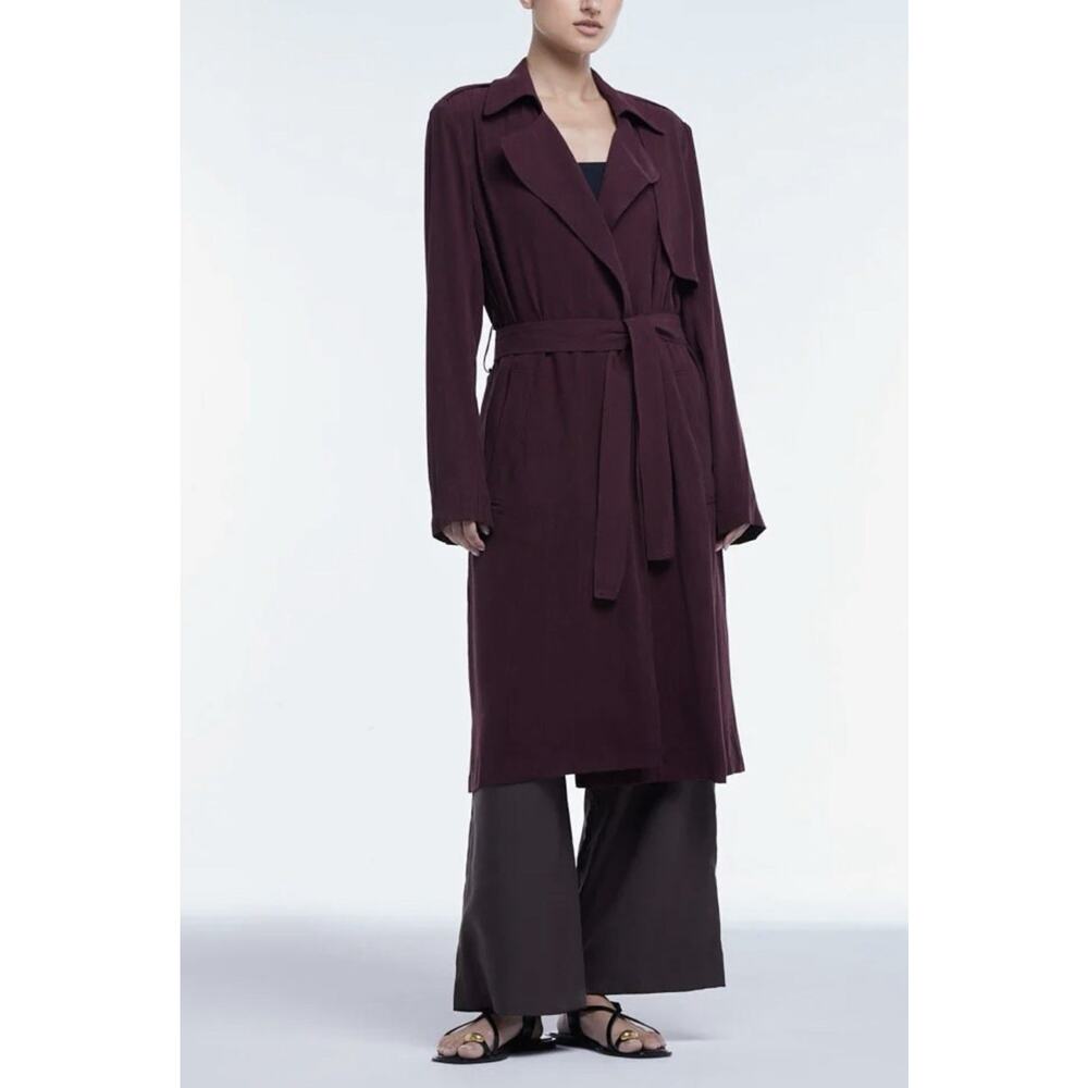 DAL The Label Flowy Lapel Trench Coat Mulberry Maroon Sz 4 Tie Waist Belt USA